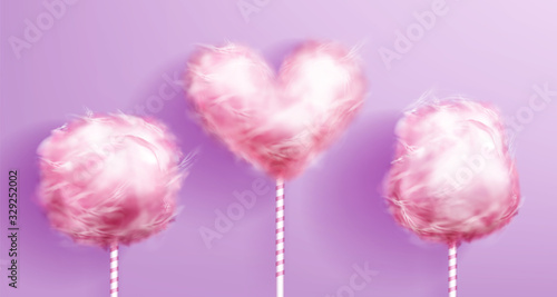 Candy cotton on striped stick pink realistic vector isolated on background, heart shaped sweet sugar dessert, yummy food for children on fair, carnival recreation, romantic design element illustration