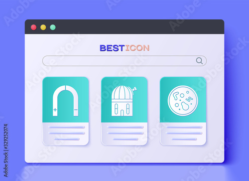 Set Astronomical observatory, Magnet and Bacteria icon. Vector