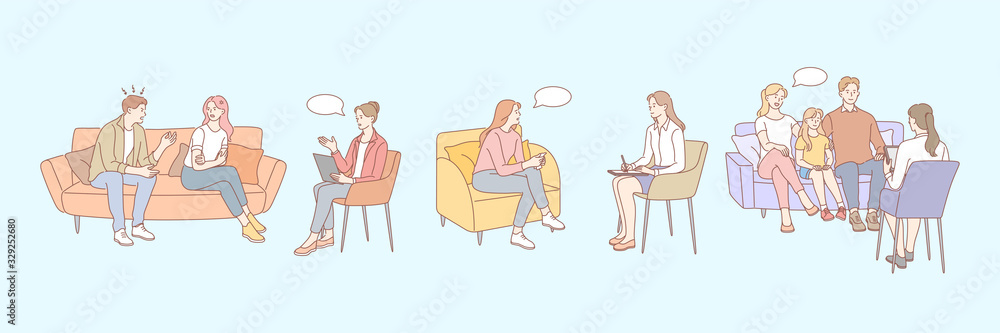 Family therapy, psychology, meeting session set concept. Medicine services, psychotherapy session. Mental stress, depression. Couples, families or kids getting psychological help rehabilitation Family therapy, psychology, meeting session set concept. Medicine services, psychotherapy session. Mental stress, depression. Couples, families or kids getting psychological help rehabilitation