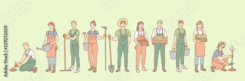 Farming, rural life, gardening ,agriculture set concept. Group young of people, men, women, agricultural workers together in village farm. Gardening, planting trees, seeding. Rural life. Simple vector