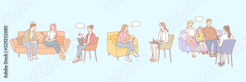 Family therapy, psychology, meeting session set concept. Medicine services, psychotherapy session. Mental stress, depression. Couples, families or kids getting psychological help rehabilitation