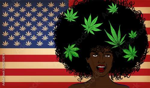Afro hair style woman with cannabis leafs in her hair. Usa flag with cannabis leaf on the background. Comics style vector image