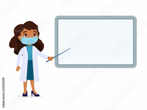Dark skin female doctor point to a blank medical demonstration board. A doctor in a white coat, a character with a protective mask on his face. Virus protection, allergies concept. 