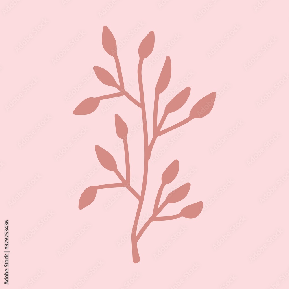 Sign hand drawn herbal Twig leaves. Floral sprig. Spring flower, buttons, blade, bush isolated on pink background. Cartoon outline vector illustration Sign hand drawn herbal Twig leaves. Floral sprig. Spring flower, buttons, blade, bush isolated on pink background. Cartoon outline vector illustration