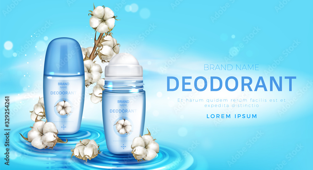 Roll on deodorant and cotton flowers realistic vector poster. Natural antiperspirant eco skincare product in open screw bottle on wavy water surface. Promo cosmetic banner, ads background for magazine - obrazy, fototapety, plakaty 