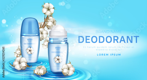 Roll on deodorant and cotton flowers realistic vector poster. Natural antiperspirant eco skincare product in open screw bottle on wavy water surface. Promo cosmetic banner, ads background for magazine