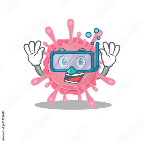 A cartoon picture featuring corona virus germ wearing Diving glasses © kongvector