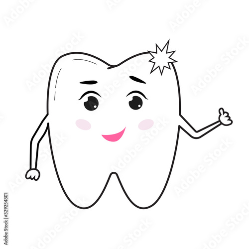 Staining of the teeth. The concept of teeth whitening. Logo, image for dental clinics. Cute healthy shining tooth. Cartoon style. Vector illustration.