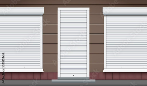 Exterior of shop facade with closed storefront and door. Facade of brick wall and Closed Roller Shutters. Shop Street view. Vector Illustration.