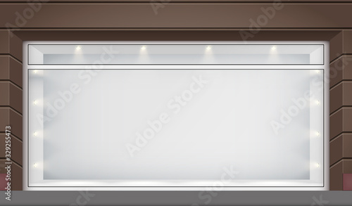 Exterior of shop facade with big glass storefront and spotlights. Facade of granite wall and big window. Shop Street view. Vector Illustration.