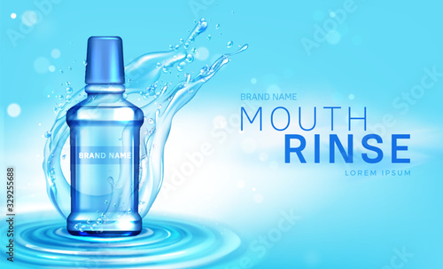 Mouth rinse bottle in water splash. Vector realistic brand poster with cosmetic product for dental care, mouthwash in clear blue bottle on wavy water surface. Promo banner, advertising background