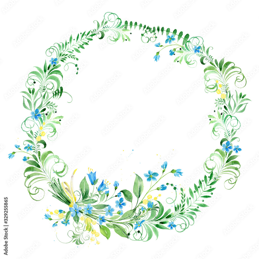 Wreath frame folk plants patterns and spring blue flowers. Wreath frame folk plants patterns and spring blue flowers.