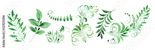 Fotografía Watercolor clipart folk leaf patterns, Khokhloma Russian pattern.