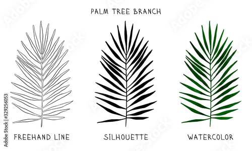Obraz na płótnie Palm branch to create design layouts. Set of freehand line, silhouette and watercolor drawing.