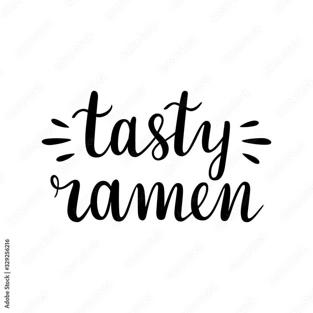 Tasty ramen logo, handwritten lettering, isolated vector logotype, good for signboard or menu for asian or japanese food cafe, ramen shop, script calligraphy writing, brush pen phrase 