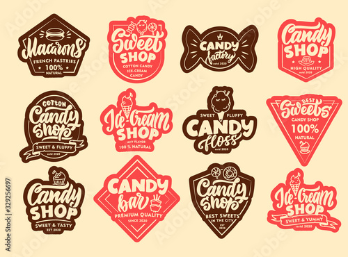 Set of Candy stickers, patches. Colorful badges, emblems, stamps on beige background isolated.