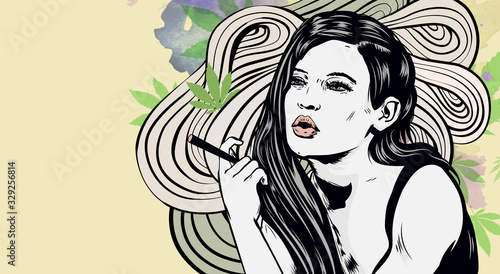 Woman smoking joint. Cannabis leaf watercolor background