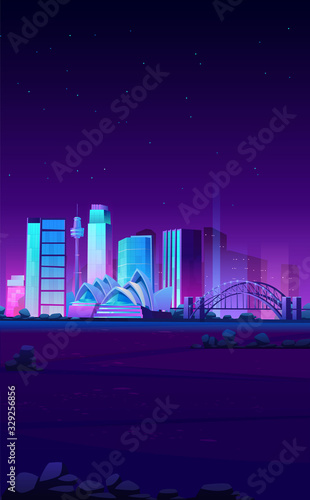 FEBRUARY 15, 2020. Vector cartoon illustration of Sydney landmarks, city night skyline with Opera house banner, world famous buildings, tourist attraction architecture, megapolis skyscraper, Australia