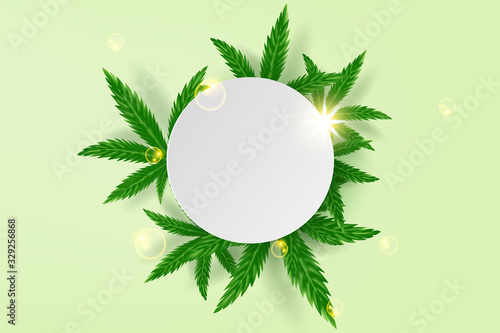 Realistic green cannabis leaf drug marijuana herb Background.Creative natural Marijuana Cannabis.Medical Organic green plant Wallpaper in web-page.Template frame decorated circle.vector illustration.