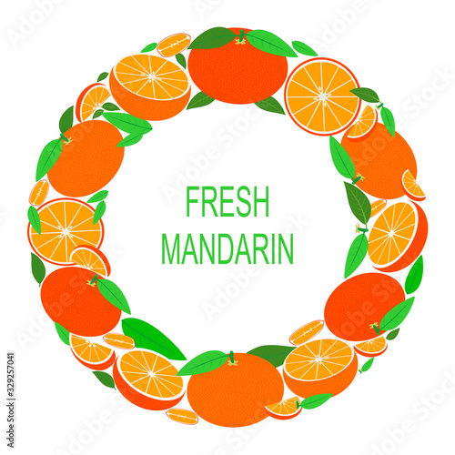 Wreath with mandarin. Vector Illustration with fresh mandarins in circle. Vector flat design suitable from template, banner, border, frame, card or icon. 