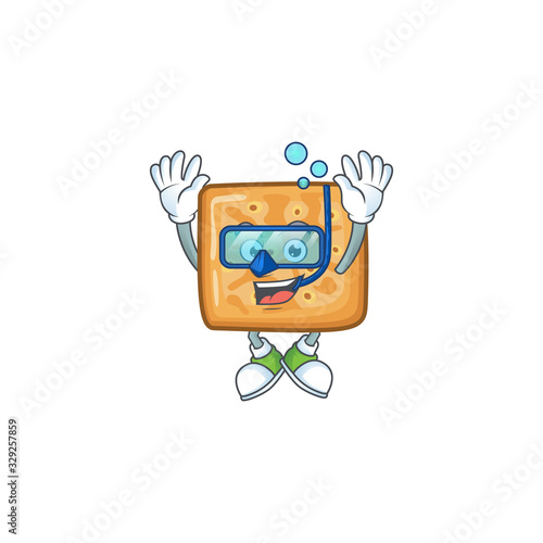 A cartoon design of crackers trying Diving glasses