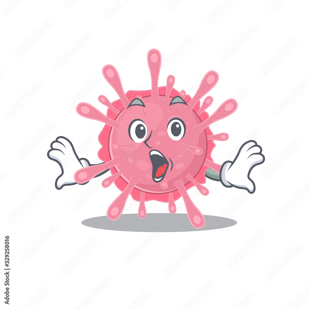 A cartoon character of corona virus germ making a surprised gesture A cartoon character of corona virus germ making a surprised gesture