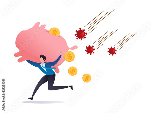 COVID-19 virus impact stock market panic sell, risk off or investor sell in financial crisis, investor run away from COVID-19 Coronavirus pathogen with huge piggy bank on shoulder, dollar money fall.