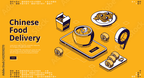 Chinese food delivery isometric landing page. Mobile app, online service for order asian meals, smartphone with bowl on screen, wok box, noodles, rolls and gps pinpoint 3d vector line art, web banner