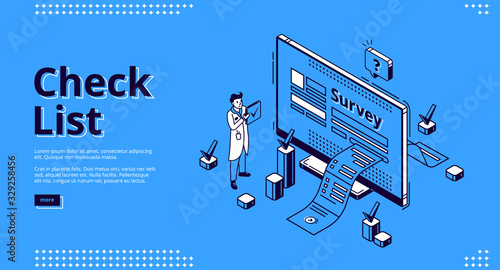 Check list isometric landing page. Business man conduct online survey, paper document go out of pc screen with ticks. Digital checklist, questionnaire, feedback service 3d vector line art web banner