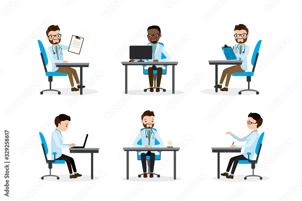 Set of Doctor or dentist on workplace,successful medical male characters Set of Doctor or dentist on workplace,successful medical male characters