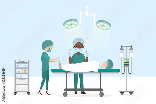 Surgery, african american male Surgeon and nurse,patient is lying on a hospital bed
