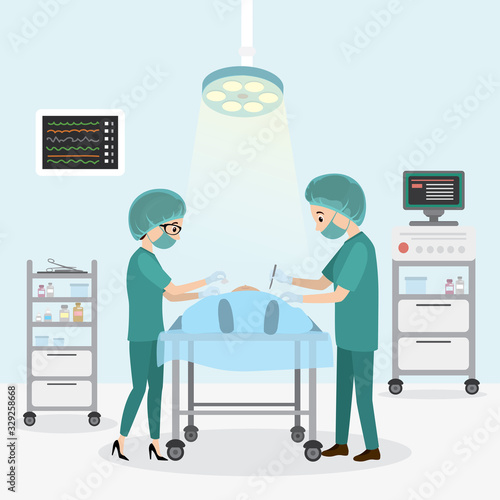 Surgery,male Surgeon and nurse,patient is lying on a hospital bed,