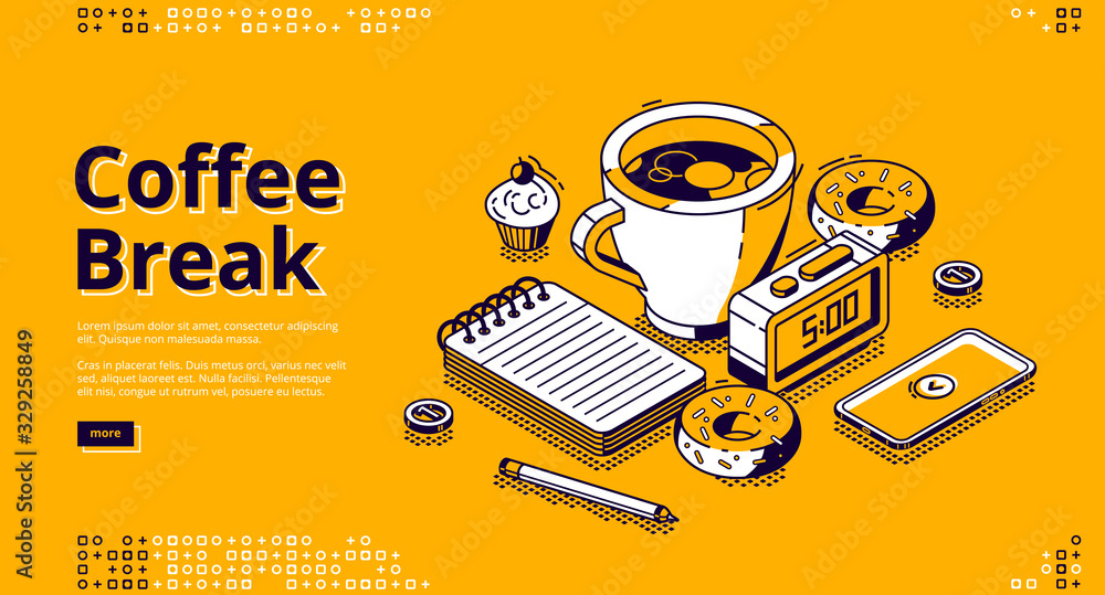 Coffee break isometric landing page. Cup with hot beverage, sweet donuts, smartphone, note pad and alarm clock with 5 a.m time on dial stand on table. Business lunch 3d vector line art web banner - obrazy, fototapety, plakaty 