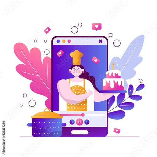 A young girl blogger has prepared a cake, records a video and posts it on the channel on social networks. Vector flat illustration with hypertrophy character and botanical leaves. Concept big phone