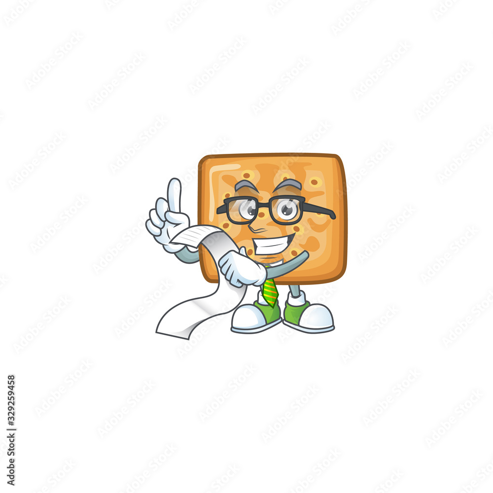 cartoon character of crackers holding menu on his hand