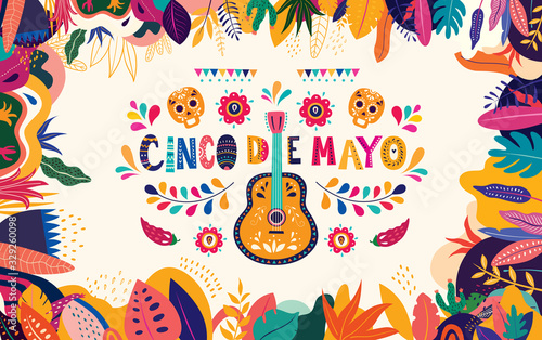 Beautiful vector illustration with design  for Mexican holiday 5 may Cinco De Mayo. Vector template with traditional Mexican symbols: Mexican guitar, flowers, red pepper, skull