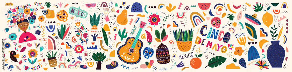 Fototapeta Ilustracja Meksyk. Meksykański wzór. Ilustracja wektorowa z projektem na meksykańskie wakacje 5 maja Cinco De Mayo. Szablon wektorowy z meksykańskimi symbolami: meksykańska gitara, kwiaty, czerwona papryka, czaszka