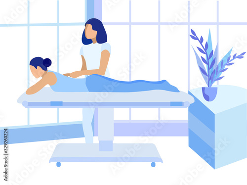 Chiropractor Making Woman Back Therapeutic Massage. Injured Spine Recovery and Alignment. Sports Trauma, Osteochondrosis Treatment. Medical Rehabilitation Courses. Vector Flat Cartoon Illustration