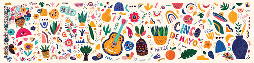 Mexico illustration. Mexican pattern. Vector illustration with design  for Mexican holiday 5 may Cinco De Mayo. Vector template with Mexican symbols: Mexican guitar, flowers, red pepper, skull photo