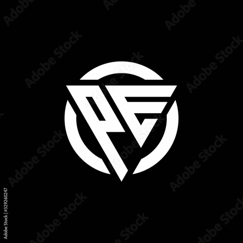 PE logo with triangle shape and circle rounded design template