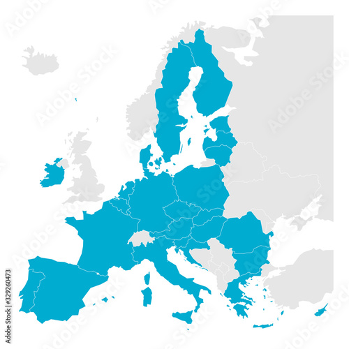 Political map of Europe with blue highlighted 27 European Union, EU, member states after brexit in 2020. Simple flat vector illustration