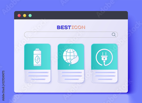 Set Earth globe and leaf, Recycling plastic bottle and Electric plug icon. Vector