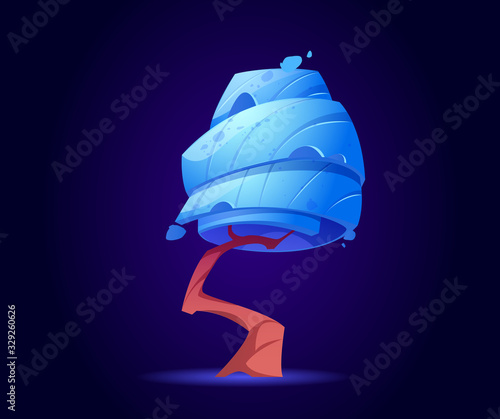 Fantasy tree, alien or magic unusual wood with blue glowing twisted spiral shape crown and curved trunk, nature element isolated on dark background. Strange plant Cartoon vector illustration, clipart