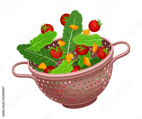 Kitchen Colander or Strainer Made of Plastic with Sliced Vegetables Inside Vector Illustration