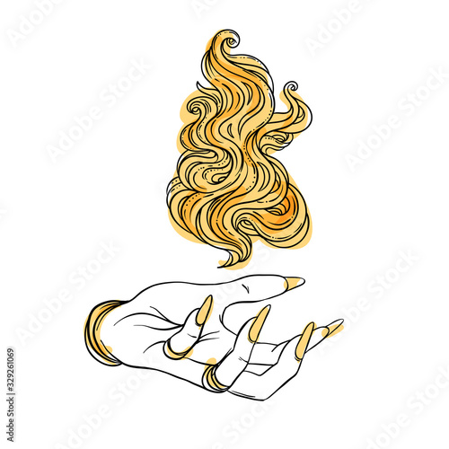 Hand of witch with fire. Mystic character. Alchemy, religion, spirituality, occultism, tattoo art. Isolated vector illustration. Halloween concept, coloring book for adults.