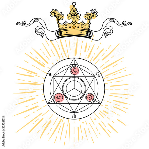 Alchemy symbol with royal crown. Sacred geometry, vintage design. Tattoo flesh design, yoga logo. Boho print, poster, t-shirt textile. Anti stress colouring book. Isolated vector illustration.
