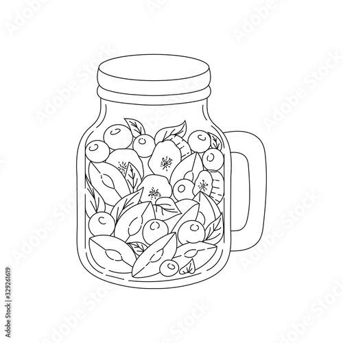Glass jar with fruits. Healthy eating Snack. Contour image. Elements for decoration. Vector illustration.