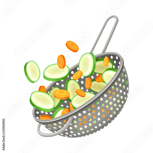 Metal Kitchen Colander or Strainer with Sliced Vegetables Inside Vector Illustration