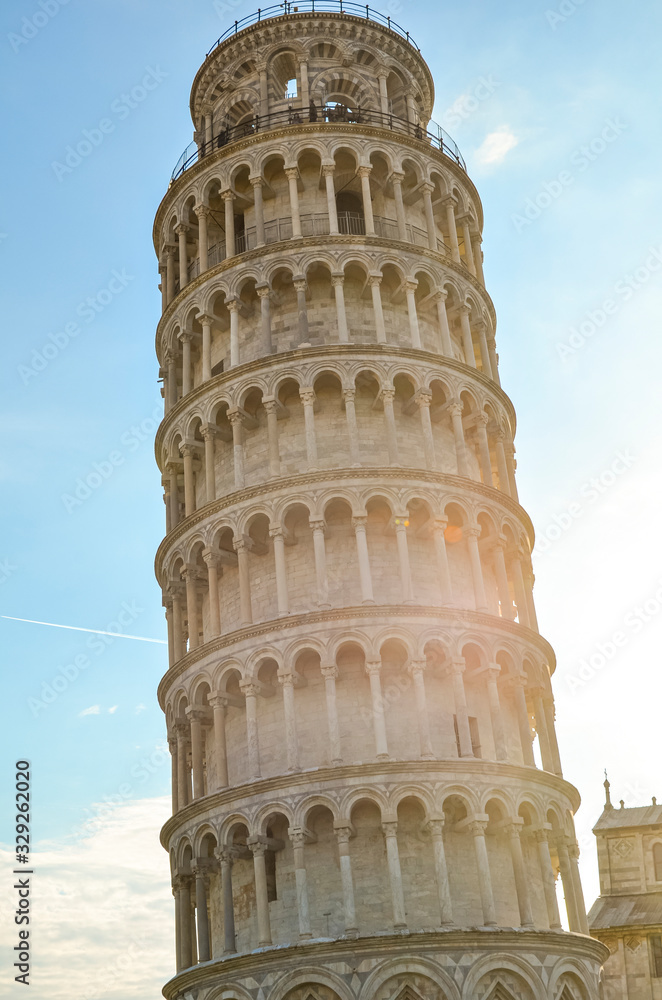 leaning tower of Pisa against the evening sun in summer