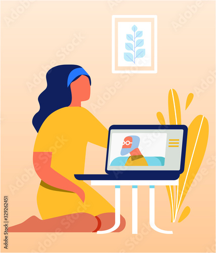 Cartoon Pretty Woman Speaking with Old Relative via Laptop. Flat Girl Sitting on Floor and Having Video Chat with Gray-Haired Father. Parent and Children Conversation on Distance. Vector Illustration